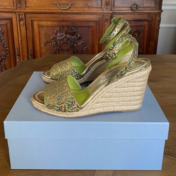 🇺🇸🇺🇦Prada Metallic Brocade Platform Espadrille Sandals - Picture 10 of 12